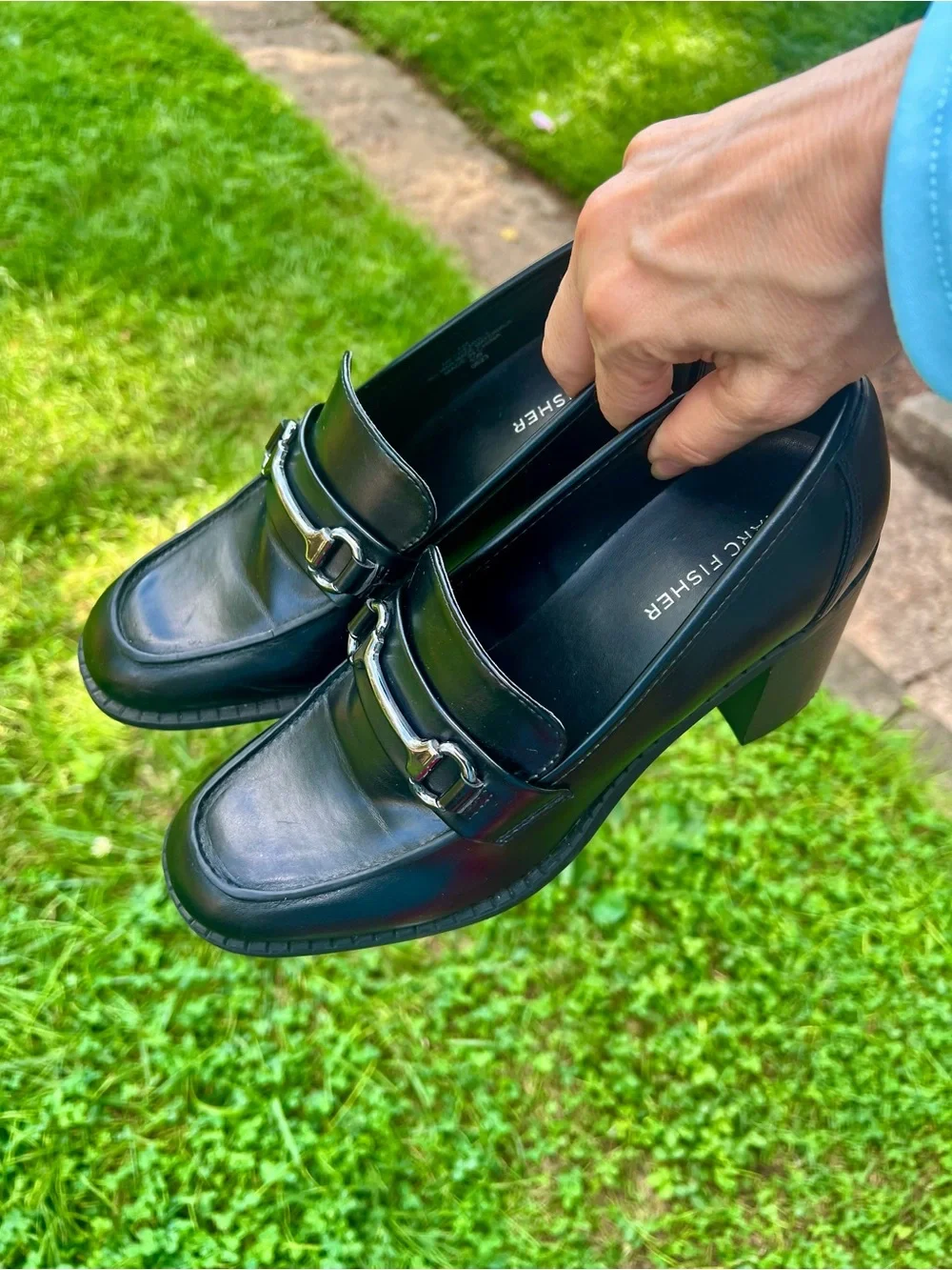Marc Fisher Black Horsebit Heeled Chunky Block Loafers Preppy Casual Career 7M
